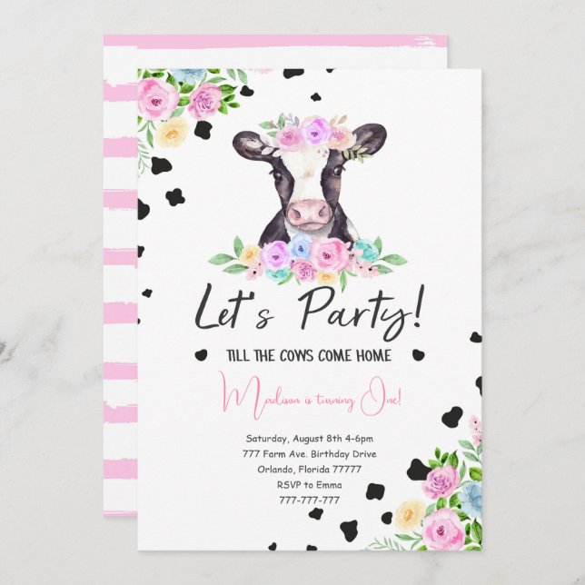 Extravaganter Schriftart Kuh Geburtstag Einladung (Vorne/Hinten)