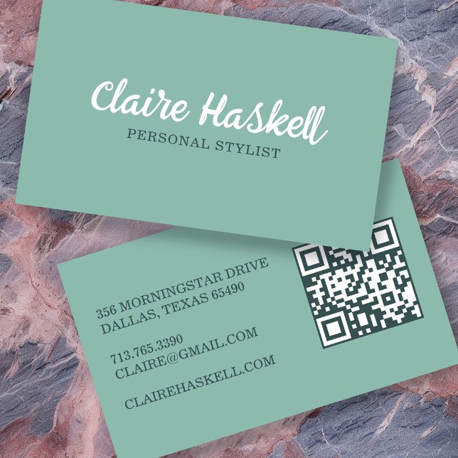 Extravaganter Script Soft Summer Minimalistisch Mo Visitenkarte (Fancy Script Soft Summer Minimalist Modern QR Code Business Card
Green)