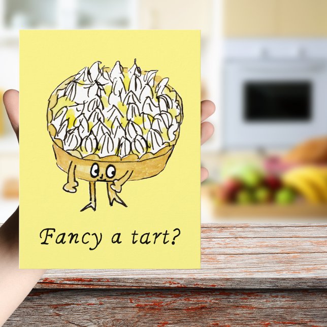 Extravaganter Teatro Funny Lemon Meringue Pie Quir Postkarte (Fancy a tart quote funny lemon meringue pie cartoon watercolor art greetings postcard for cake lover)