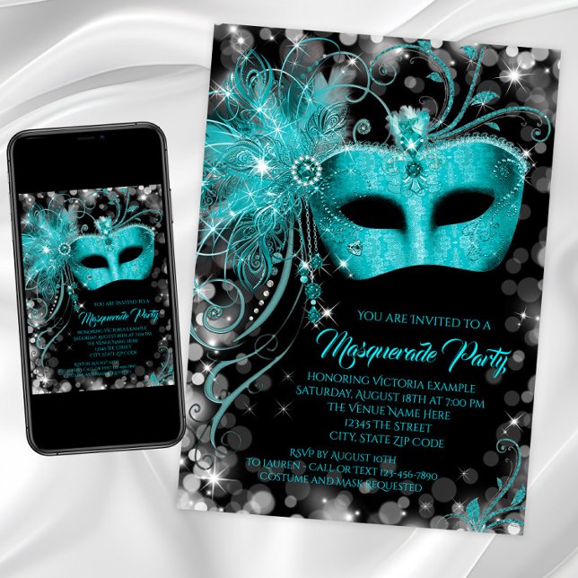 Extravagantes Aquamarines Blue Glitzer Masquerade  Einladung (Teal masquerade party invitations with jewel mask. Any number birthday masquerade or event.)