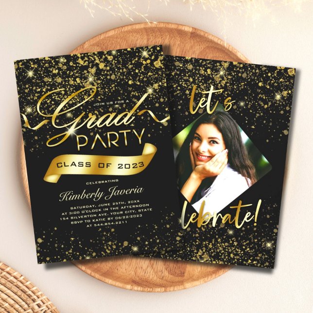 Extravagantes Black & Gold Glitzer Grad Party Einladung (Von Creator hochgeladen)