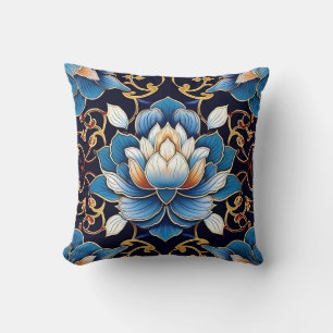 Extravagantes blaues Lotus-Tile-Muster Kissen
