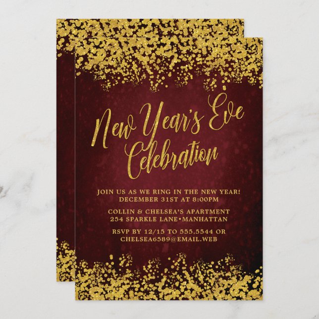 Extravagantes Burgund & Gold Silvester-Party Einladung (Vorne/Hinten)