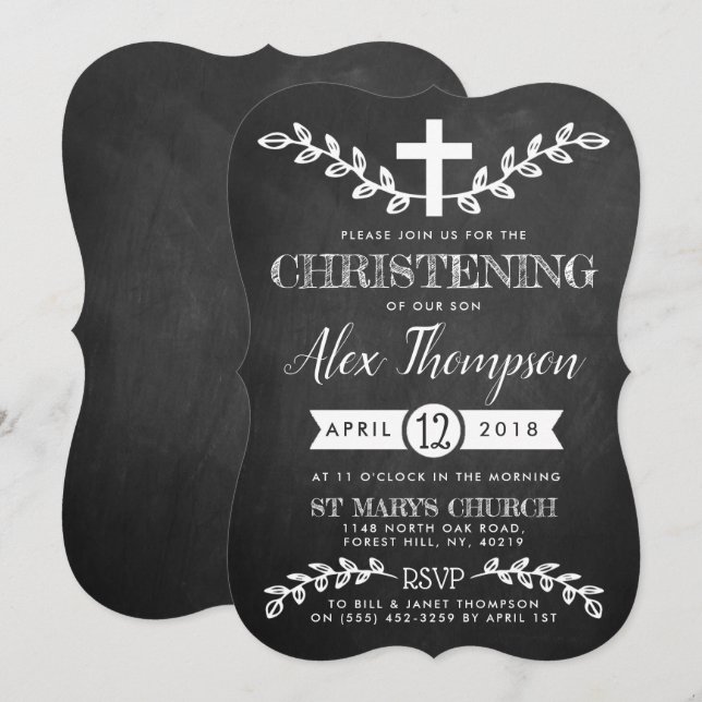 Extravagantes Chalkboard Cross & Foliage Christeni Einladung (Vorne/Hinten)