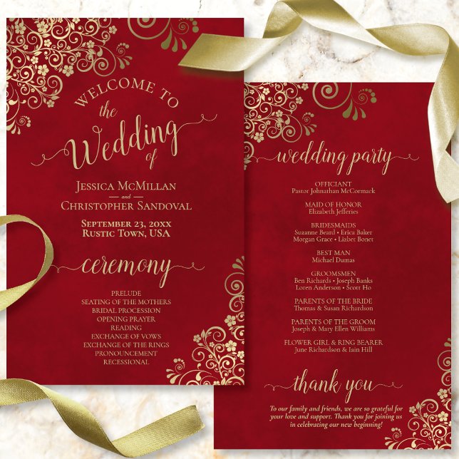 Extravagantes Crimson Red & Gold Hochzeitsprogramm (Front and Back)