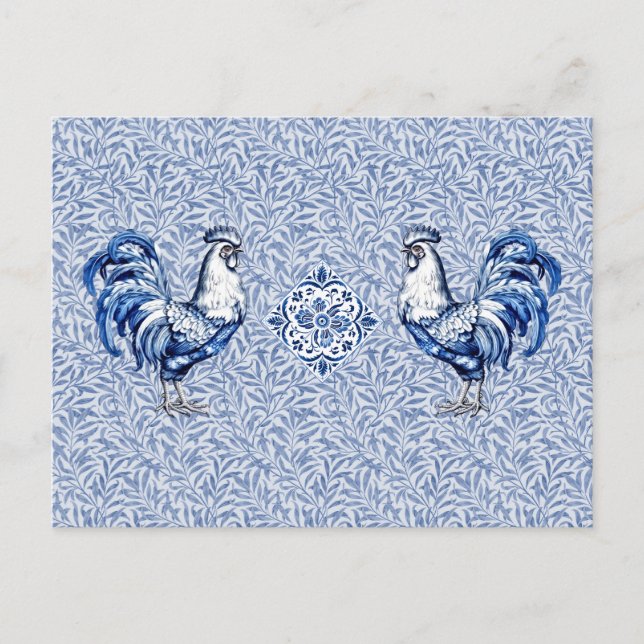 Extravagantes Delft-Blau-Weiß-Roster-Huhn Postkarte (Vorderseite)