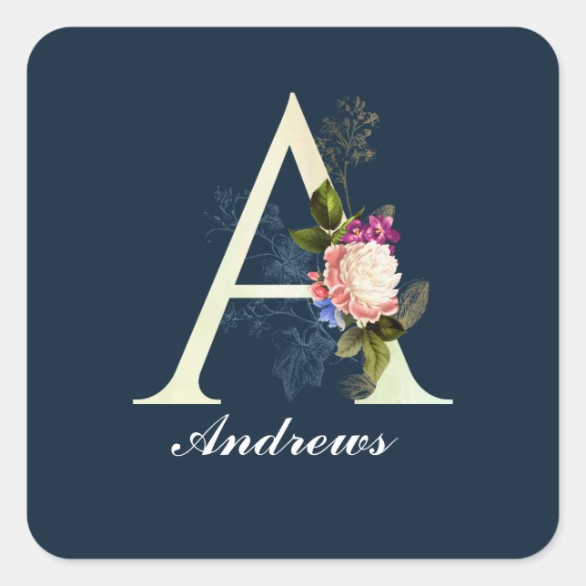 Extravagantes florales Monogramm A II Quadratischer Aufkleber (Vorderseite)