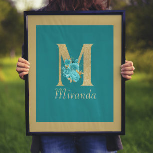 Extravagantes Gold & Aqua Floral Letter M Wand Dru Poster