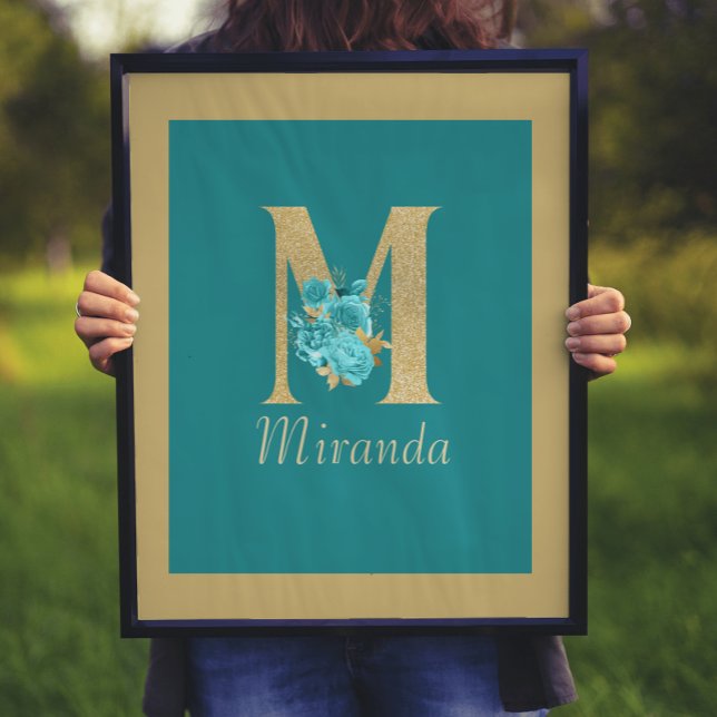 Extravagantes Gold & Aqua Floral Letter M Wand Dru Poster (Von Creator hochgeladen)