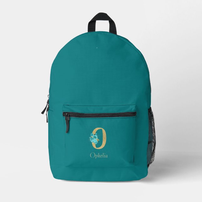 Extravagantes Gold & Aqua Floral Letter O Bedruckter Rucksack (Vorderseite)