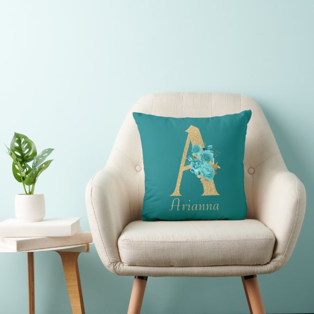 Extravagantes Gold und Aqua Floral Letter A Throw  Kissen (Stuhl )