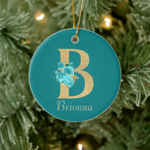 Extravagantes Gold und Aqua Floral Letter B Keramik Ornament