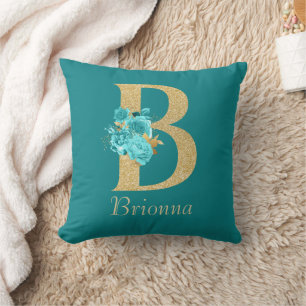 Extravagantes Gold und Aqua Floral Letter B Schubk Kissen