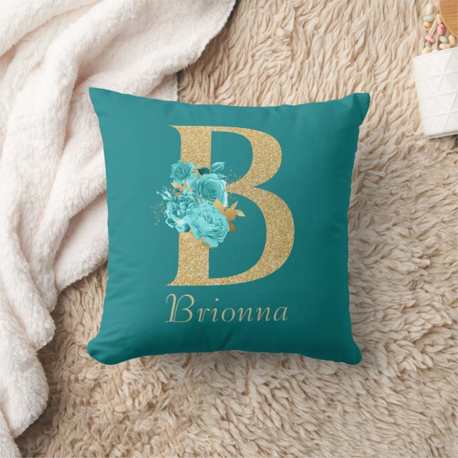 Extravagantes Gold und Aqua Floral Letter B Schubk Kissen (Decke)