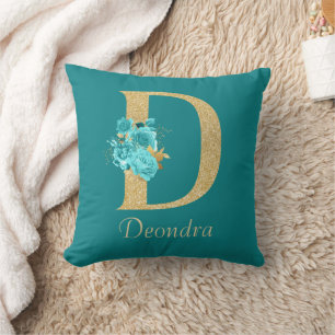 Extravagantes Gold und Aqua Floral Letter D Throw  Kissen