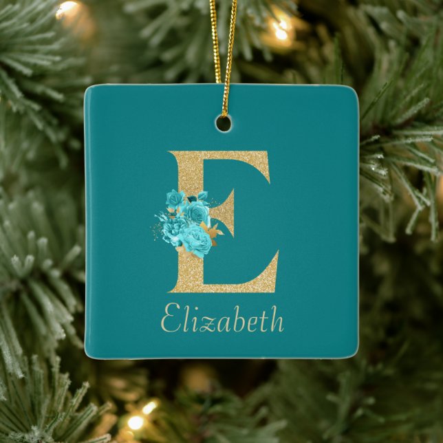 Extravagantes Gold und Aqua Floral Letter E Keramikornament (Baum)