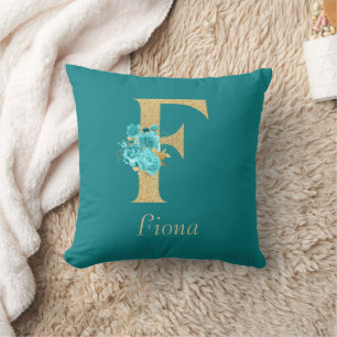 Extravagantes Gold und Aqua Floral Letter F Throw  Kissen