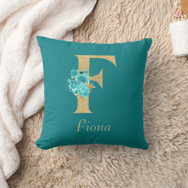 Extravagantes Gold und Aqua Floral Letter F Throw  Kissen (Decke)