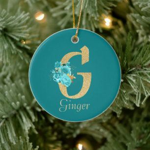 Extravagantes Gold und Aqua Floral Letter G Keramik Ornament