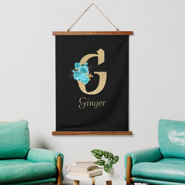 Extravagantes Gold und Aqua Floral Letter G Wandteppich Mit Holzrahmen (Wohnzimmer)