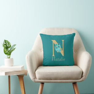 Extravagantes Gold und Aqua Floral Letter N Throw  Kissen