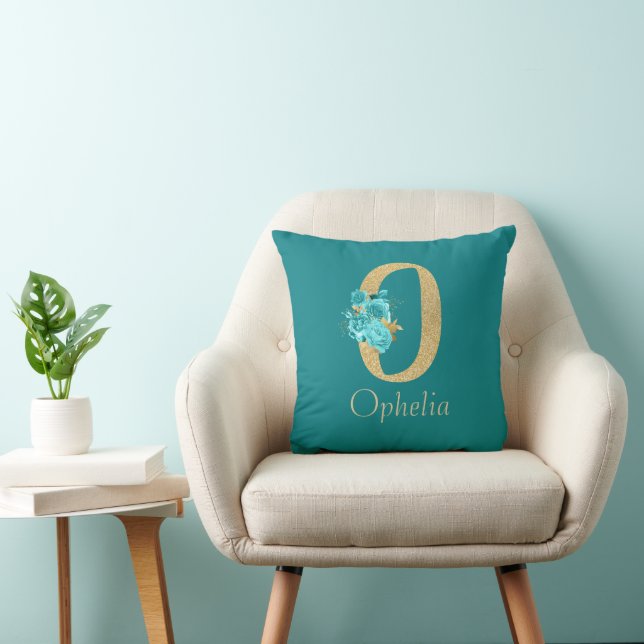 Extravagantes Gold und Aqua Floral Letter O Throw  Kissen (Stuhl )