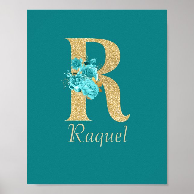 Extravagantes Gold und Aqua Floral Letter R Poster (Vorne)