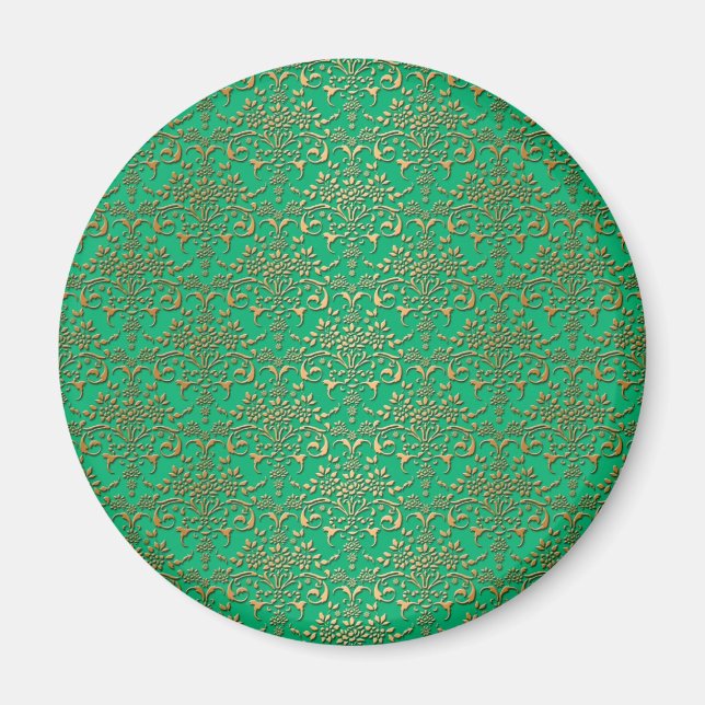Extravagantes Green und Gold Damask Muster Magnet (Vorne)