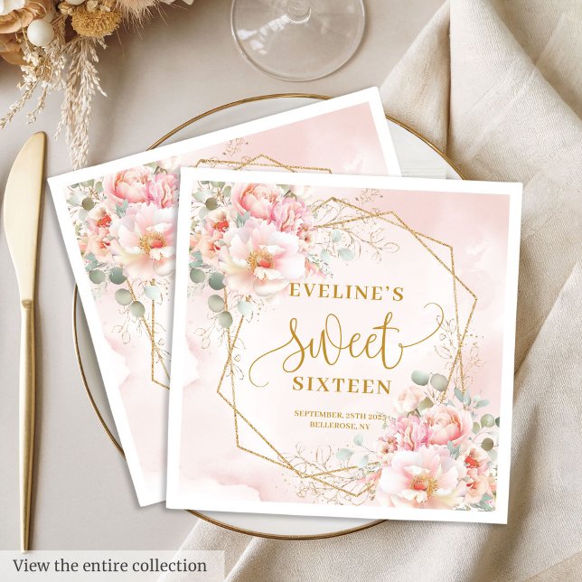 Extravagantes hellrosa mit goldenen Blume 16 . Geb Serviette (Fancy Light Pink with Gold Flowers Sweet Sixteen Napkins)