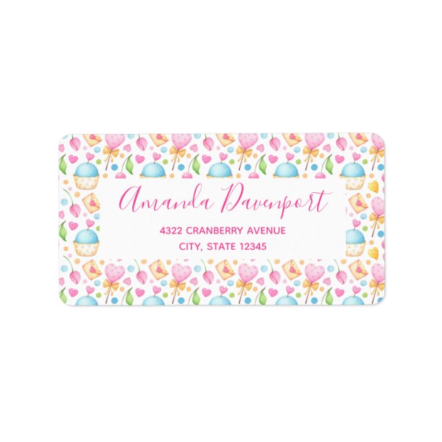 Extravagantes Herz- und Cupcakes Wasserfarbmuster Adressaufkleber (Vorne)