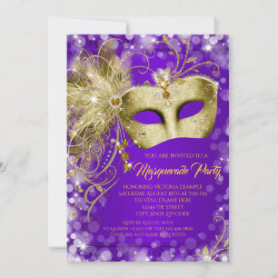Extravagantes Lila Gold Glitzer Masquerade Party Einladung
