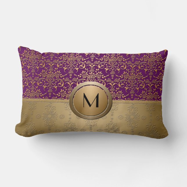 Extravagantes Lila- und Gold Monogram Damask Muste Lendenkissen (Vorderseite)