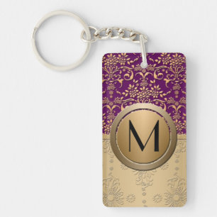 Extravagantes Lila- und Gold Monogram Damask Muste Schlüsselanhänger