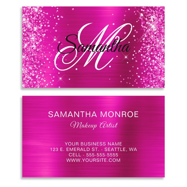 Extravagantes Monogramm Glittery Hot Pink Foil Visitenkarte (Glittery Hot Pink Foil Fancy Monogram Business Cards)