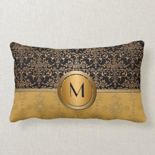 Extravagantes Monogramm-Gold- und Schwarz-Damaskus Lendenkissen