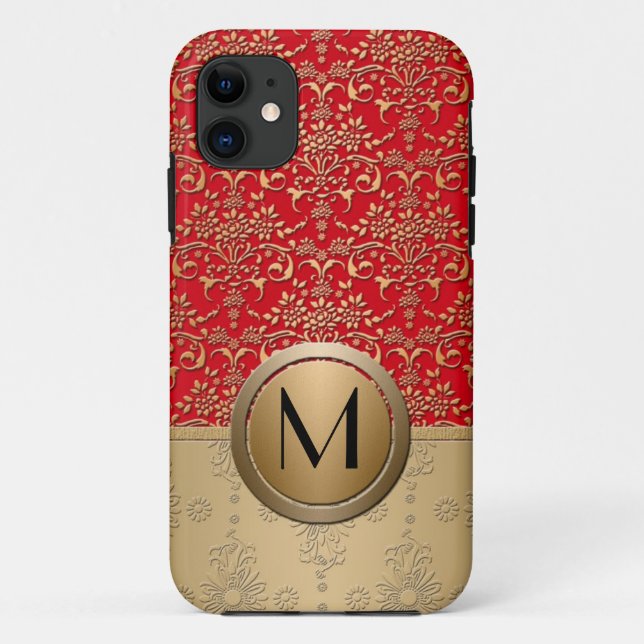 Extravagantes Red and Gold Monogram Damask Muster Case-Mate iPhone Hülle (Rückseite)
