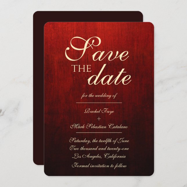 Extravagantes Rot & Gold Save the Date Einladung (Vorne/Hinten)