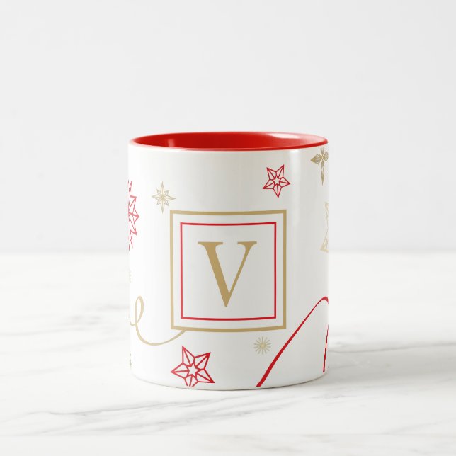 Extravagantes Rotes Gold Snowflakes Monogramm Zweifarbige Tasse (Mittel)
