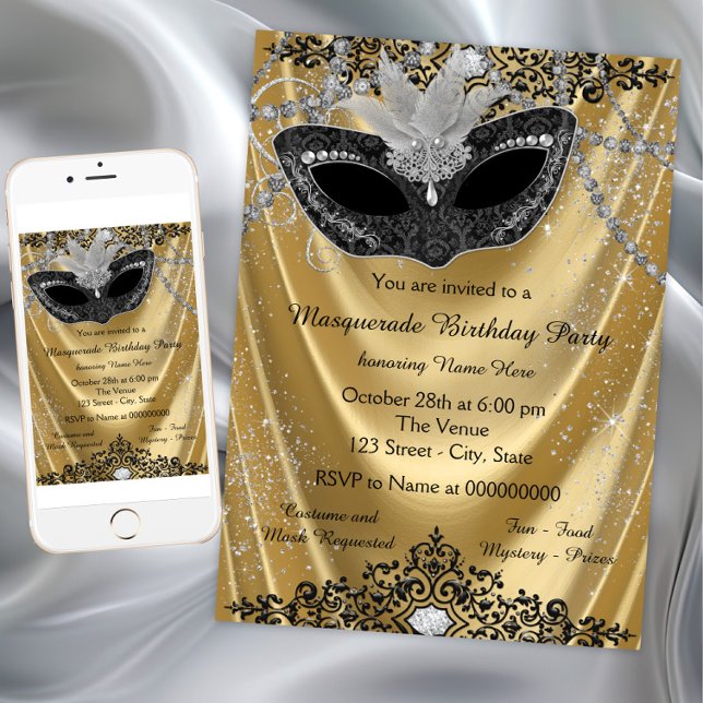 Extravagantes Schwarz-Gold-Masquerade-Party Einladung (Elegant any occasion black gold masquerade party invitation. Simply add your event details.)