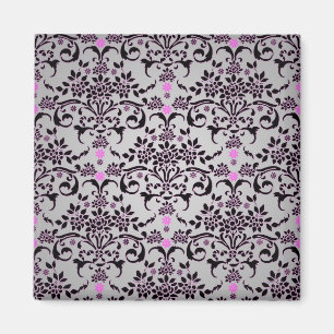 Extravagantes Schwarz-Silber-Lila Floral Damask Mu Magnet