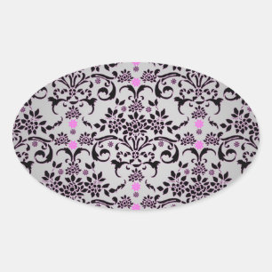 Extravagantes Schwarz-Silber-Lila Floral Damask Mu Ovaler Aufkleber