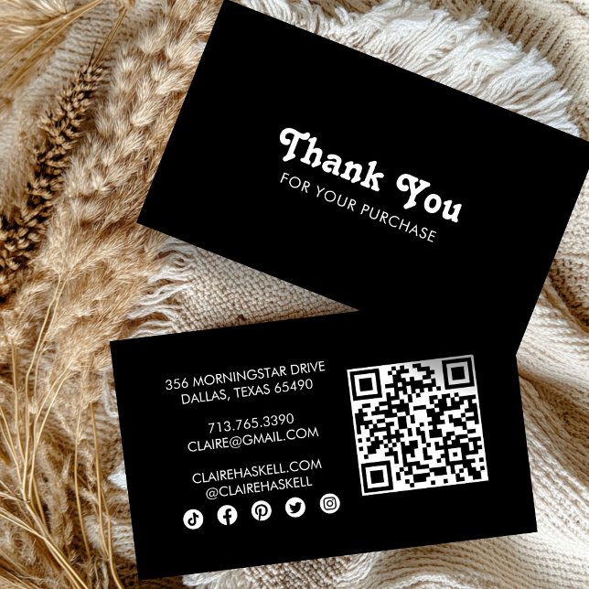 Extravagantes Script Chic B&W Order Danke Minimal  Visitenkarte (Fancy Script Chic B&W Order Thank You Minimal QR Business Card
)