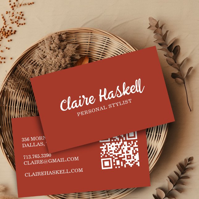 Extravagantes Skript Minimalistischer Herbst QR-Co Visitenkarte (Fancy Script True Autumn Minimalist Modern QR Code Business Card
Brick Red)