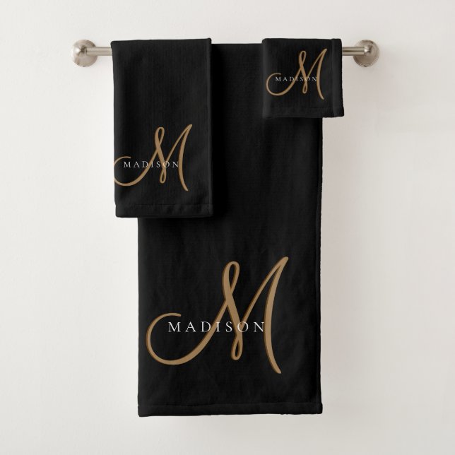 Extravagantes, stylisches Black and Gold Monogram  Badhandtuch Set (Insitu)