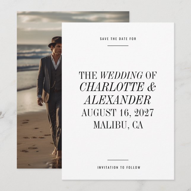 Extrem minimale Typografie Schwarz-weiße Foto Hoch Save The Date (Vorne/Hinten)