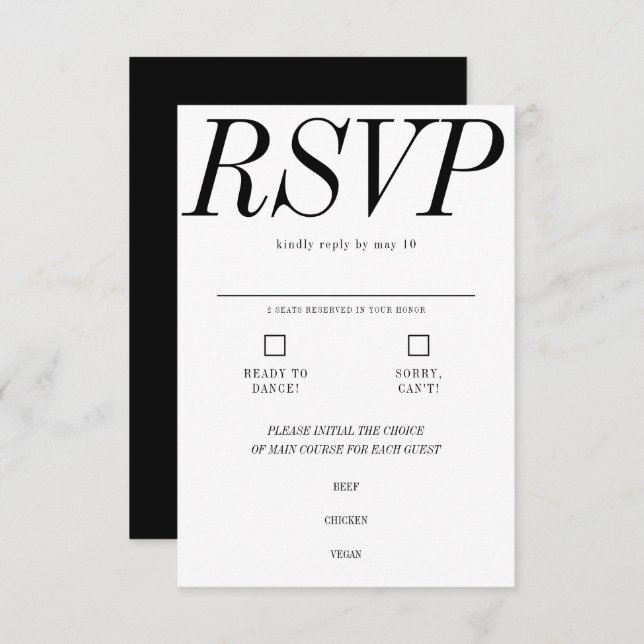 Extrem minimale Typografie Schwarz-weiße Hochzeit RSVP Karte (Vorne/Hinten)
