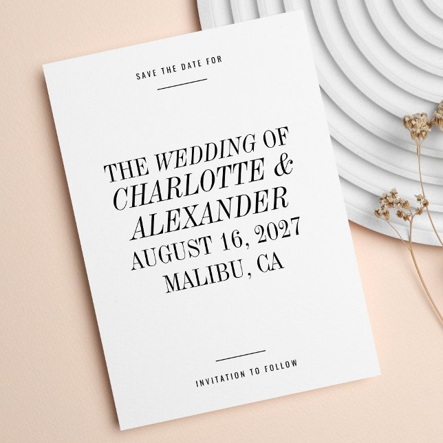 Extrem minimale Typografie Schwarz-weiße Hochzeit Save The Date (Von Creator hochgeladen)