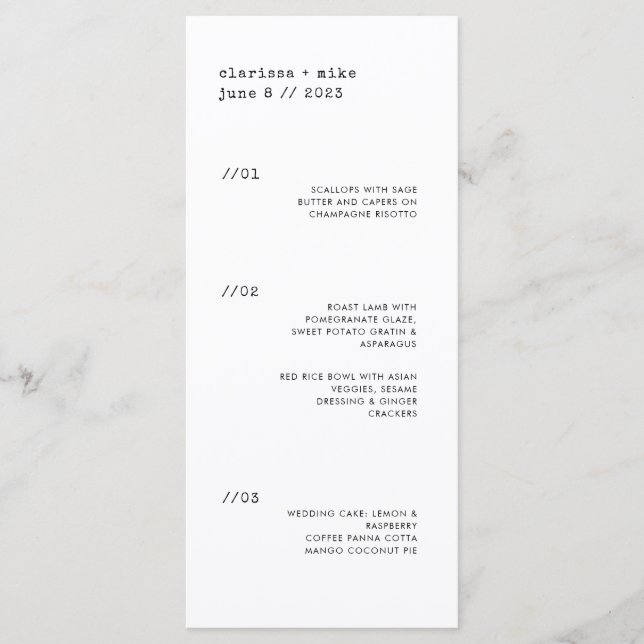 Extrem minimalistisches Abendmenü mit Hochzeitsmen Menükarte (Vorderseite)