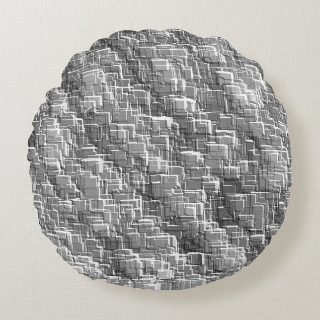 Extreme Overlay von grau geprägten Quadraten Rundes Kissen (Vorderseite)