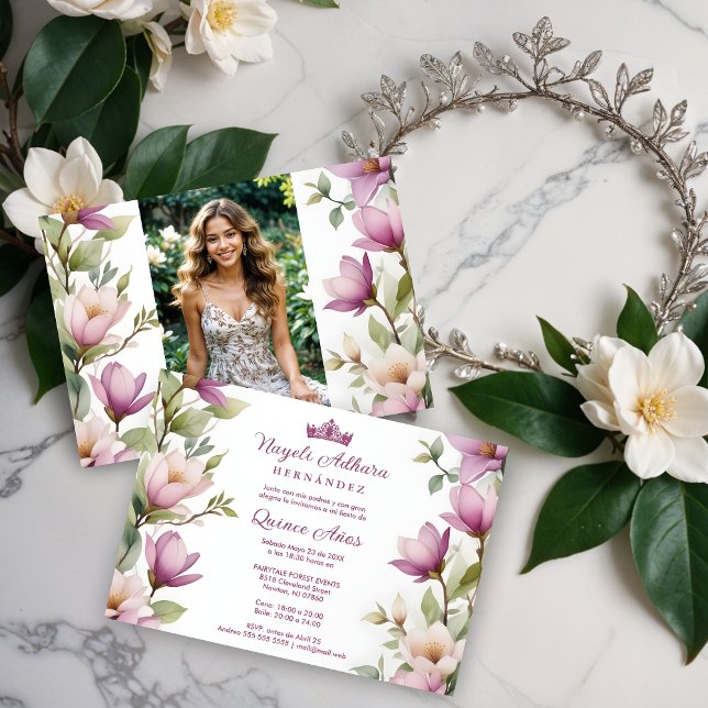 Exuberant Lovely Spring Magnolia Frame Garlands  Einladung (Exuberant Lovely Spring Magnolia Frame Garlands Spanish Photo Mis XV Invitations Cards in Pink.)